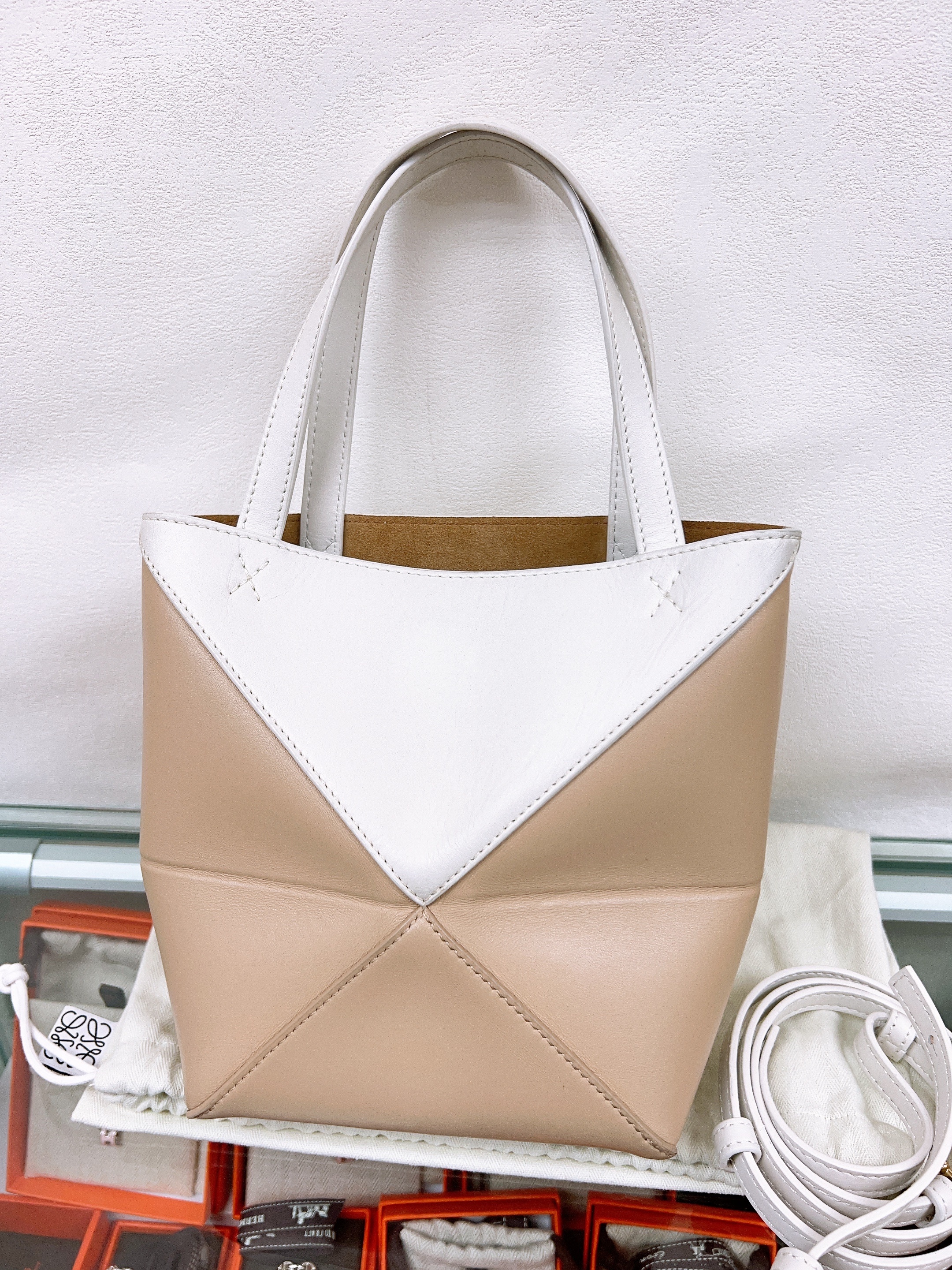 Loewe puzzle fold tote mini (white/beige)
