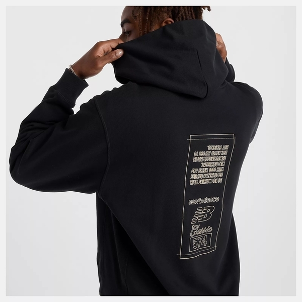 NEW BALANCE 帽T NB 黑色 貼標574 圖案 連帽 上衣 男 MT43555BK