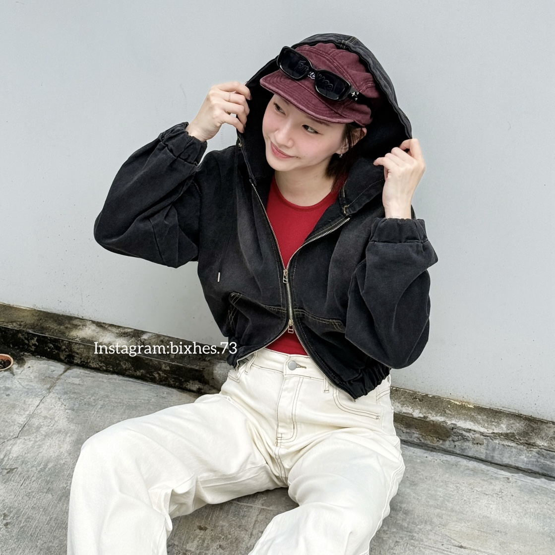 連帽牛仔短版外套(F00063)