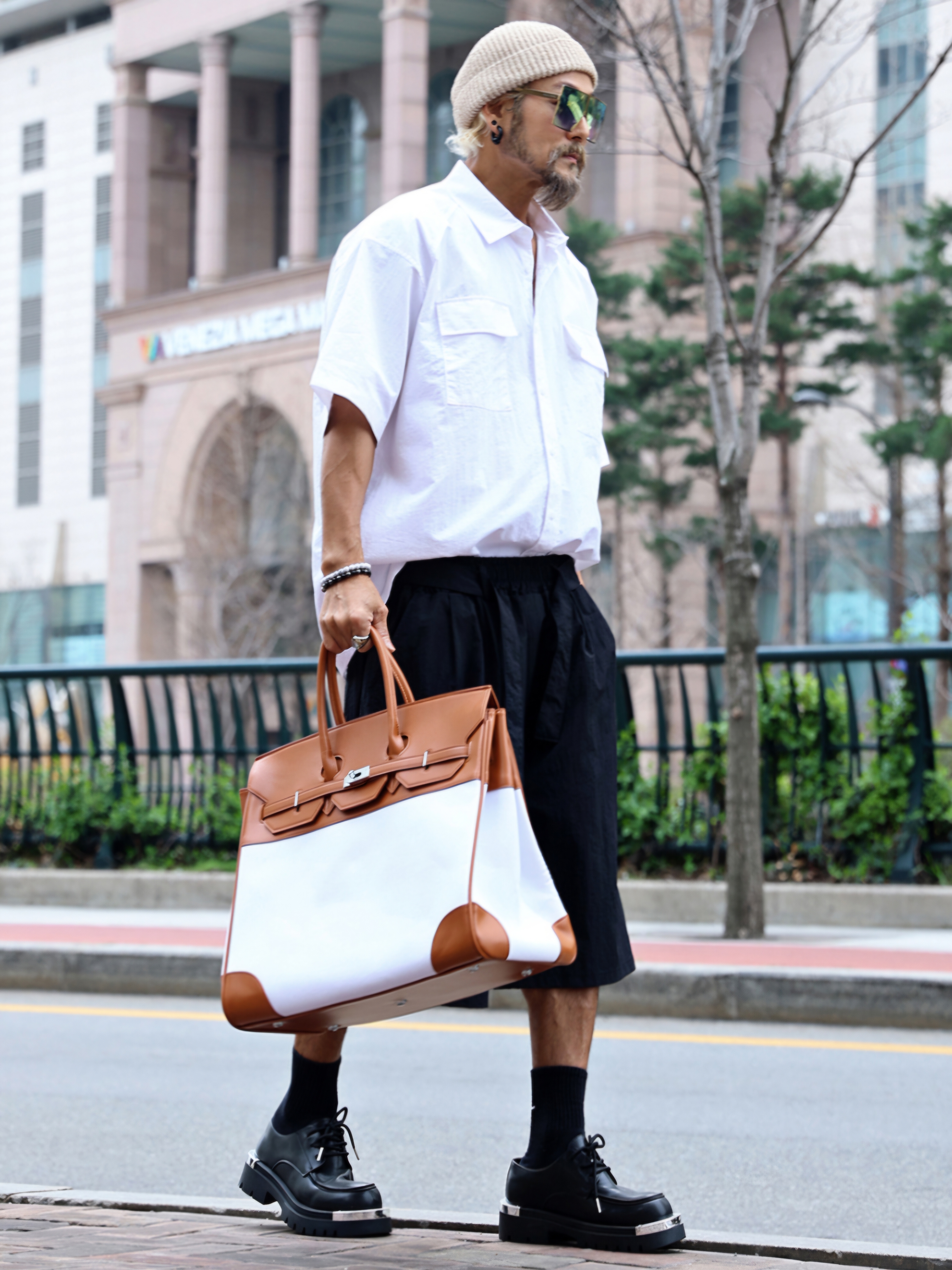 皮革對比帆布柏金包