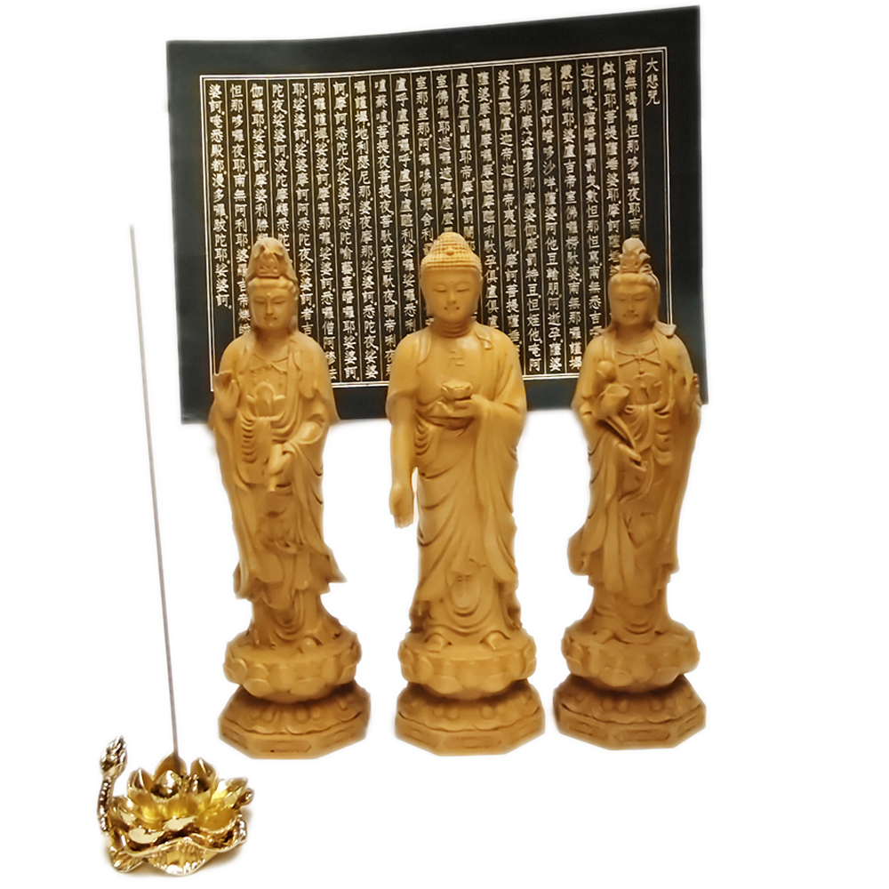 西方三聖 黃楊木精雕高20公分+心經+金蓮香插組合【十方】144855