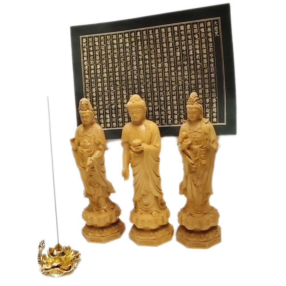西方三聖 黃楊木精雕高20公分+心經+金蓮香插組合【十方】144855