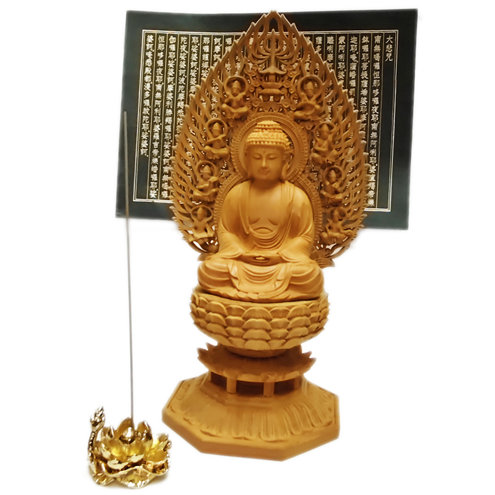 阿彌陀佛黃楊木雕28公分+心經+金蓮香插組合【十方】148380