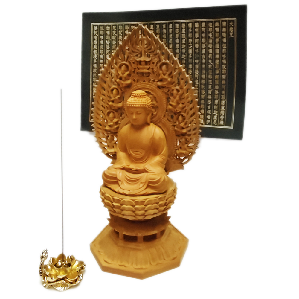 阿彌陀佛黃楊木雕28公分+心經+金蓮香插組合【十方】148380