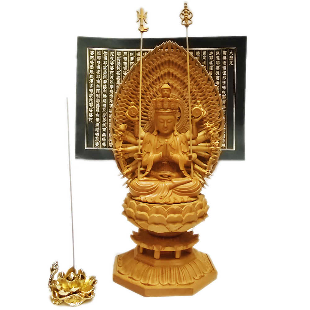 千手觀音菩薩 黃楊木 28公分+心經+金蓮香插組合【十方】148909