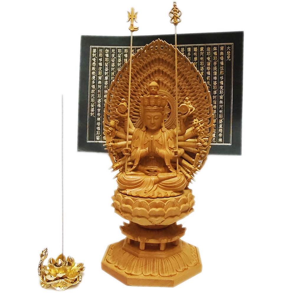 千手觀音菩薩 黃楊木 28公分+心經+金蓮香插組合【十方】148909