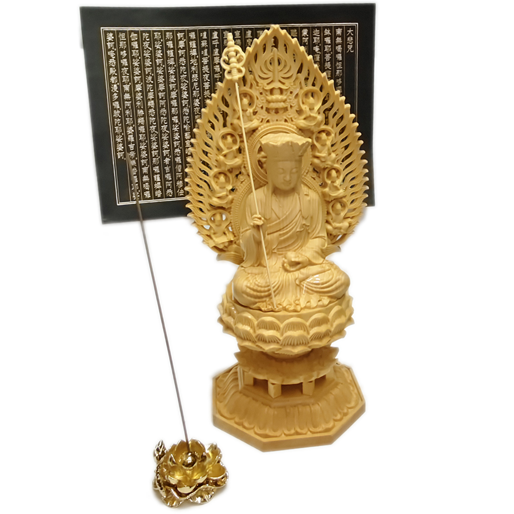 地藏王菩薩 黃楊木雕28公分+心經+金蓮香插組合【十方】153976