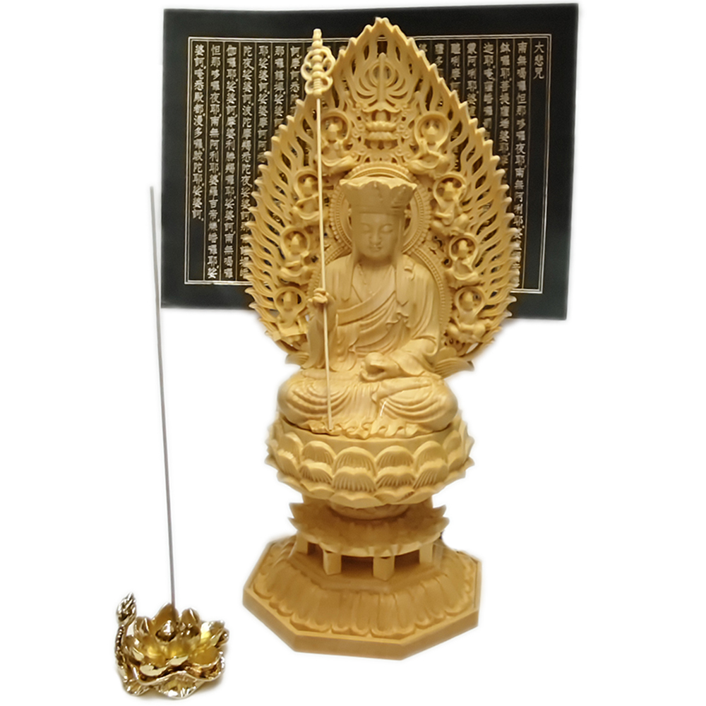 地藏王菩薩 黃楊木雕28公分+心經+金蓮香插組合【十方】153976