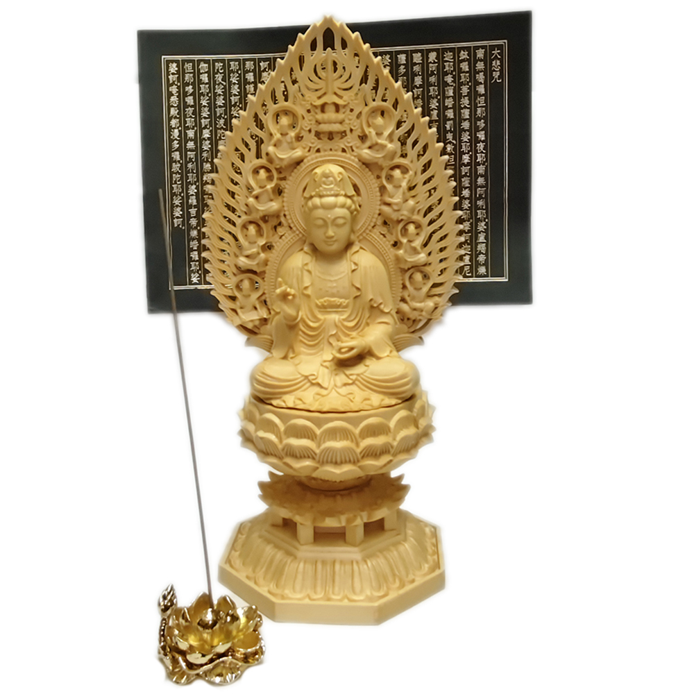 觀世音菩薩 黃楊木雕28公分+心經+金蓮香插組合【十方】153977