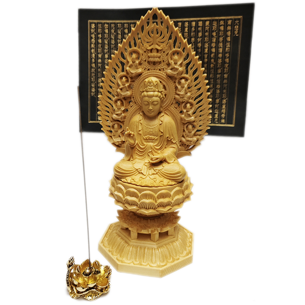 觀世音菩薩 黃楊木雕28公分+心經+金蓮香插組合【十方】153977