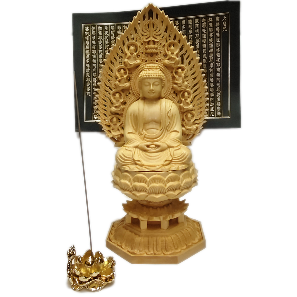 阿彌陀佛 黃楊木雕 28公分+心經+金蓮香插組合【十方】153978