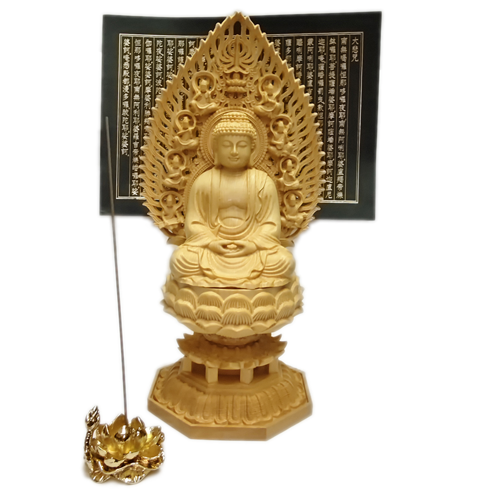 阿彌陀佛 黃楊木雕 28公分+心經+金蓮香插組合【十方】153978