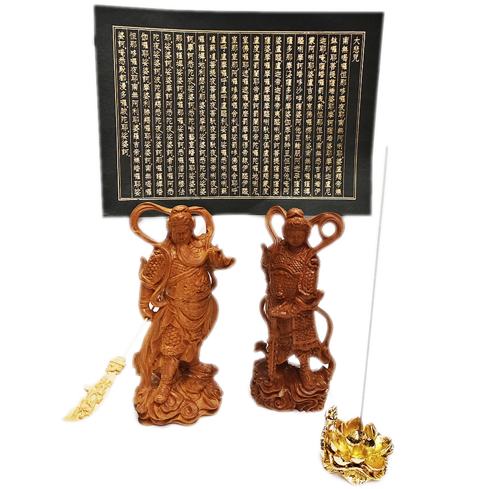 韋馱伽藍護法菩薩一對 崖柏木雕16公分+心經+金蓮香插組合【十方】153985