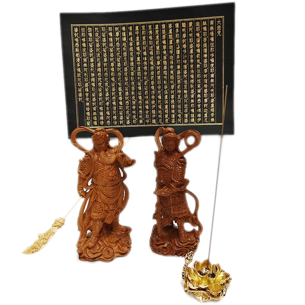 韋馱伽藍護法菩薩一對 崖柏木雕16公分+心經+金蓮香插組合【十方】153985