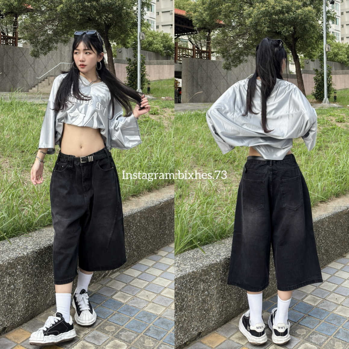 炭黑刷色寬鬆七分褲(E00124)