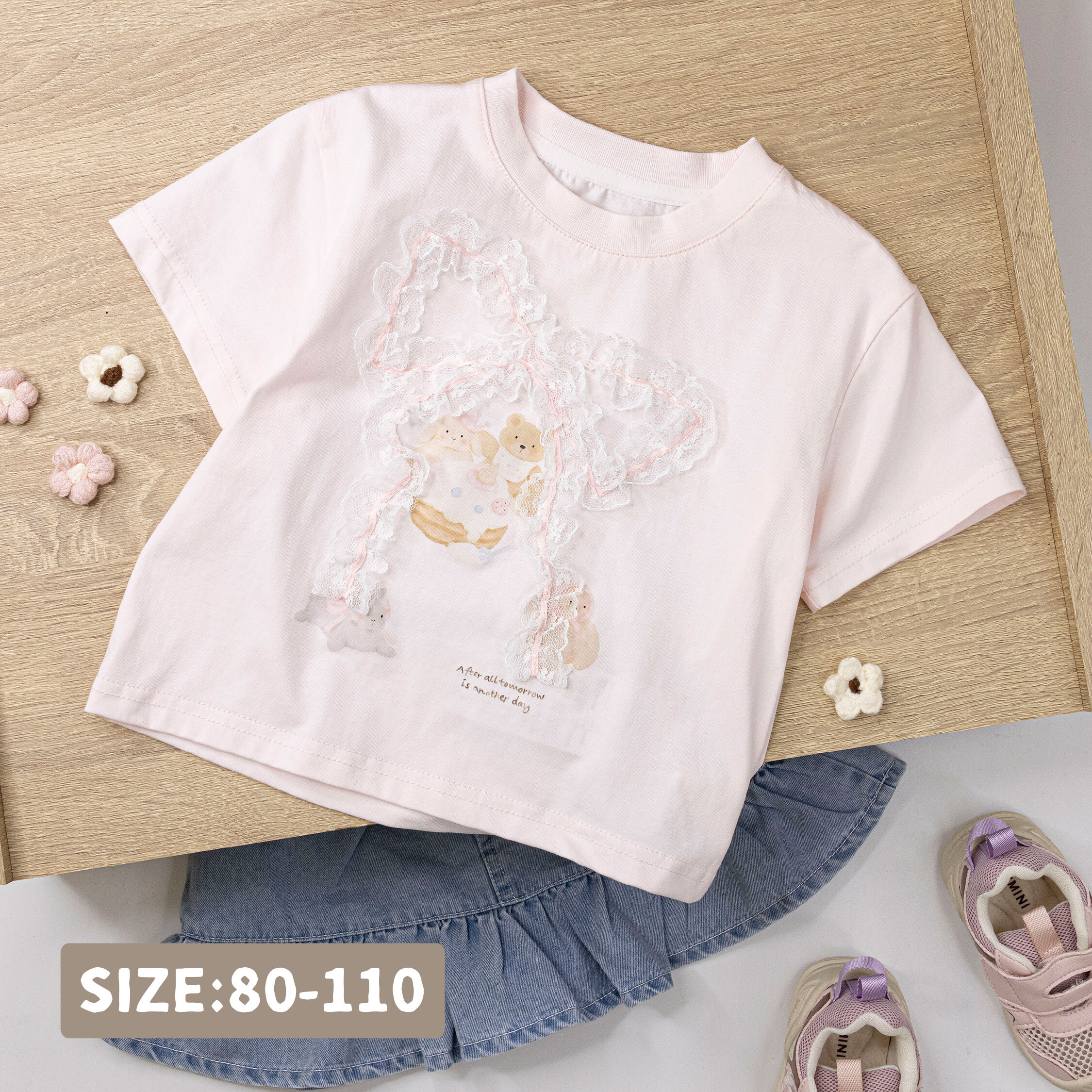 兔兔熊熊吃蛋糕蕾絲蝴蝶結上衣/短T (H50487)