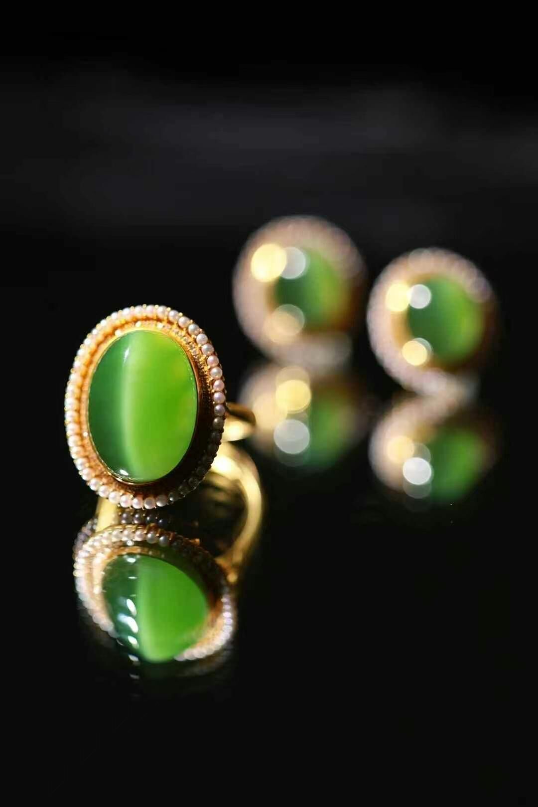 42472 寶石級和田玉碧玉貓眼套裝