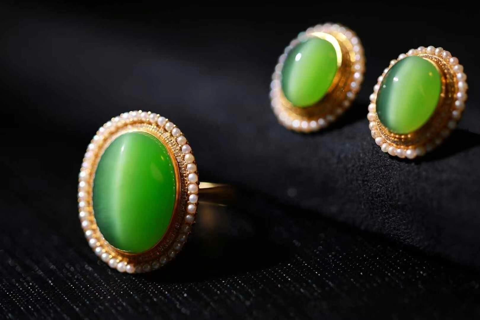 42472 寶石級和田玉碧玉貓眼套裝