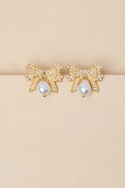 Bow Love 14KT金色蝴蝶結鑽珍珠耳環