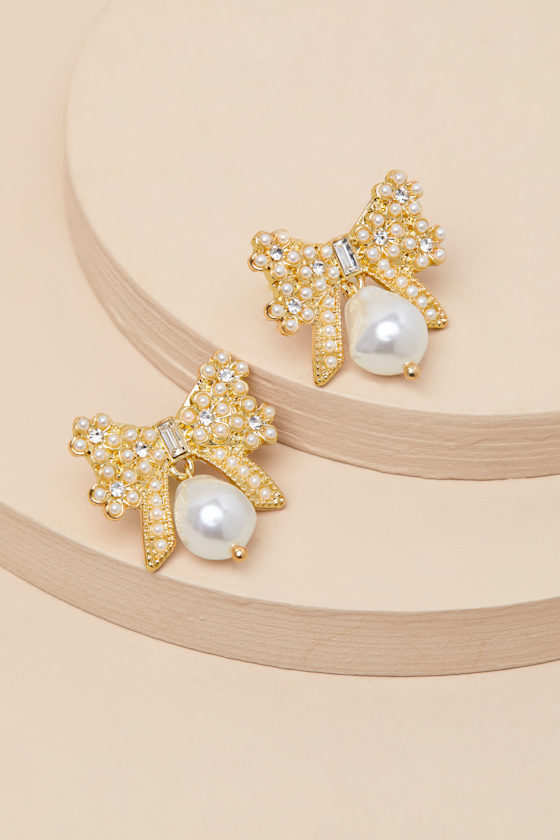 Bow Love 14KT金色蝴蝶結鑽珍珠耳環