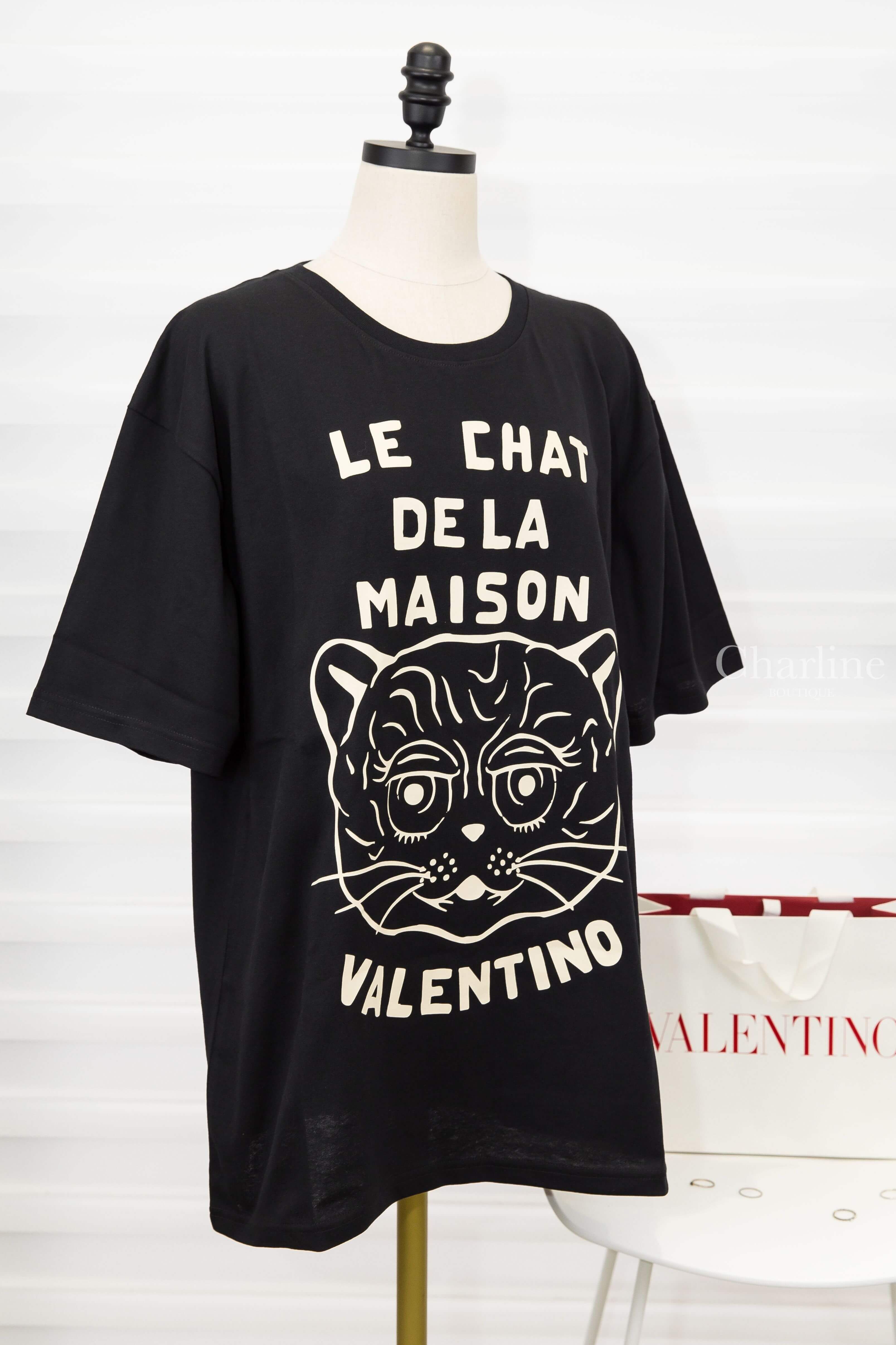 Valentino Cotton T-shirt With Chat De La Maison Print 黑色拼奶油白貓咪標語印花短袖棉T-Charline Boutique 精品代購