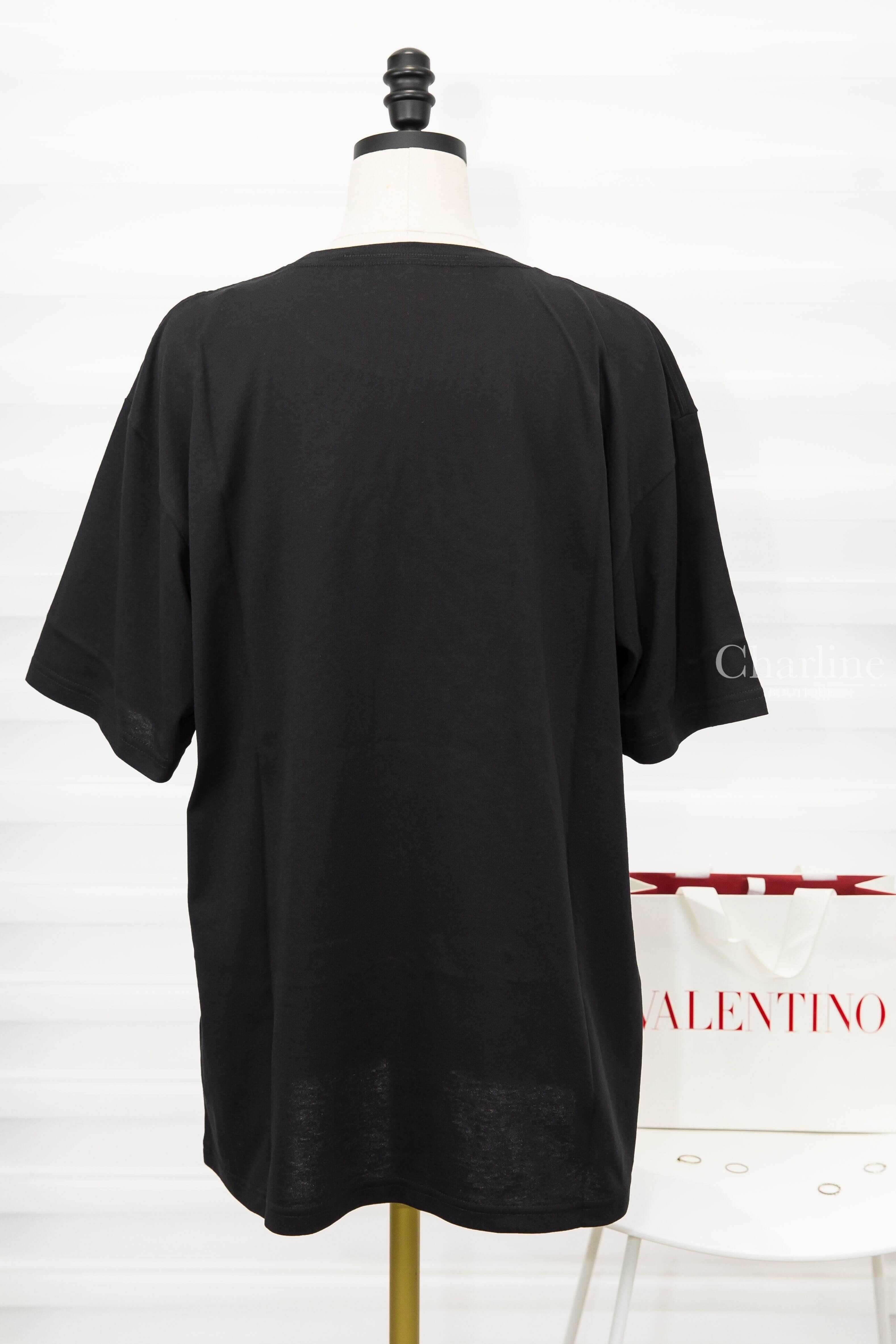 Valentino Cotton T-shirt With Chat De La Maison Print 黑色拼奶油白貓咪標語印花短袖棉T-Charline Boutique 精品代購