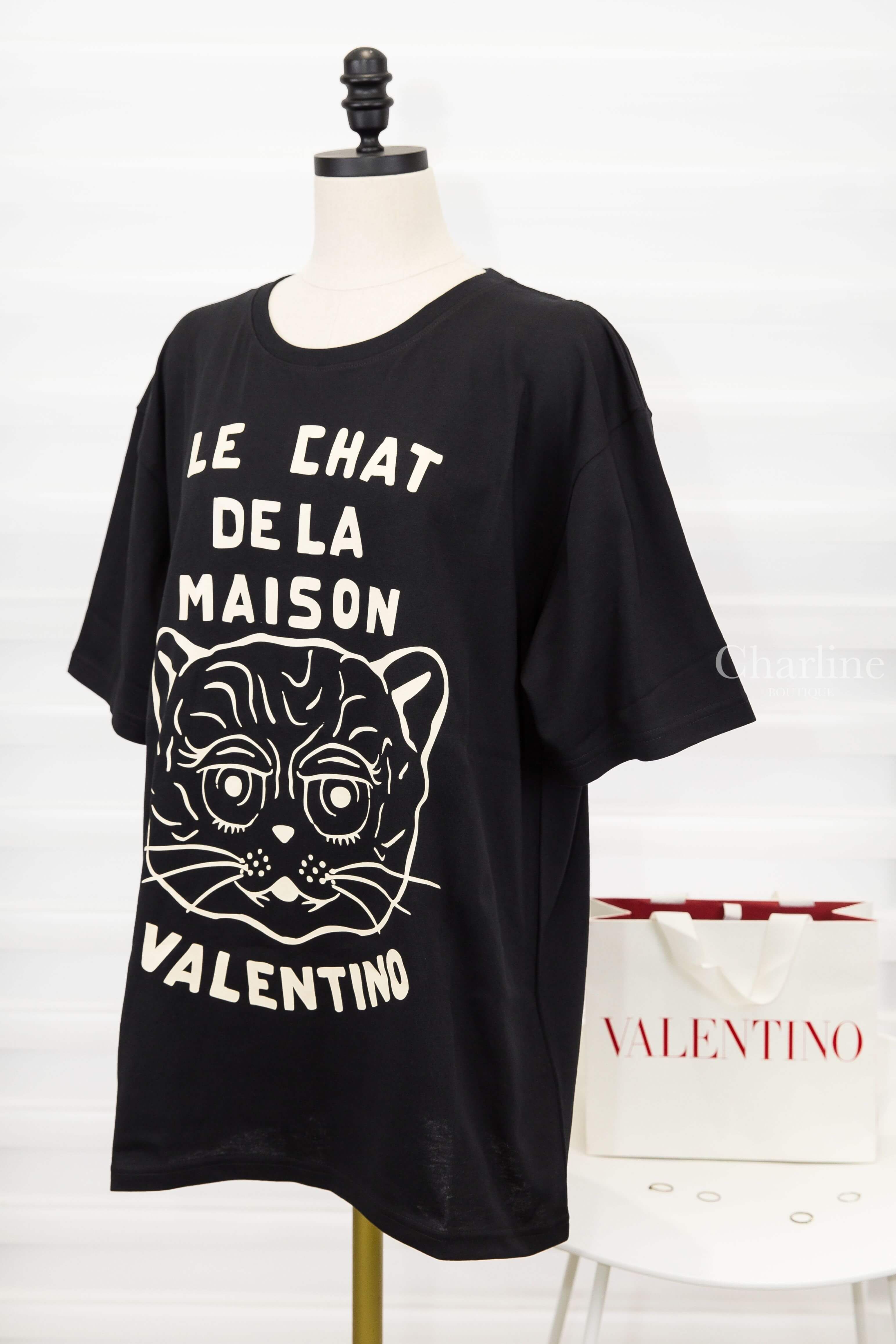 Valentino Cotton T-shirt With Chat De La Maison Print 黑色拼奶油白貓咪標語印花短袖棉T-Charline Boutique 精品代購