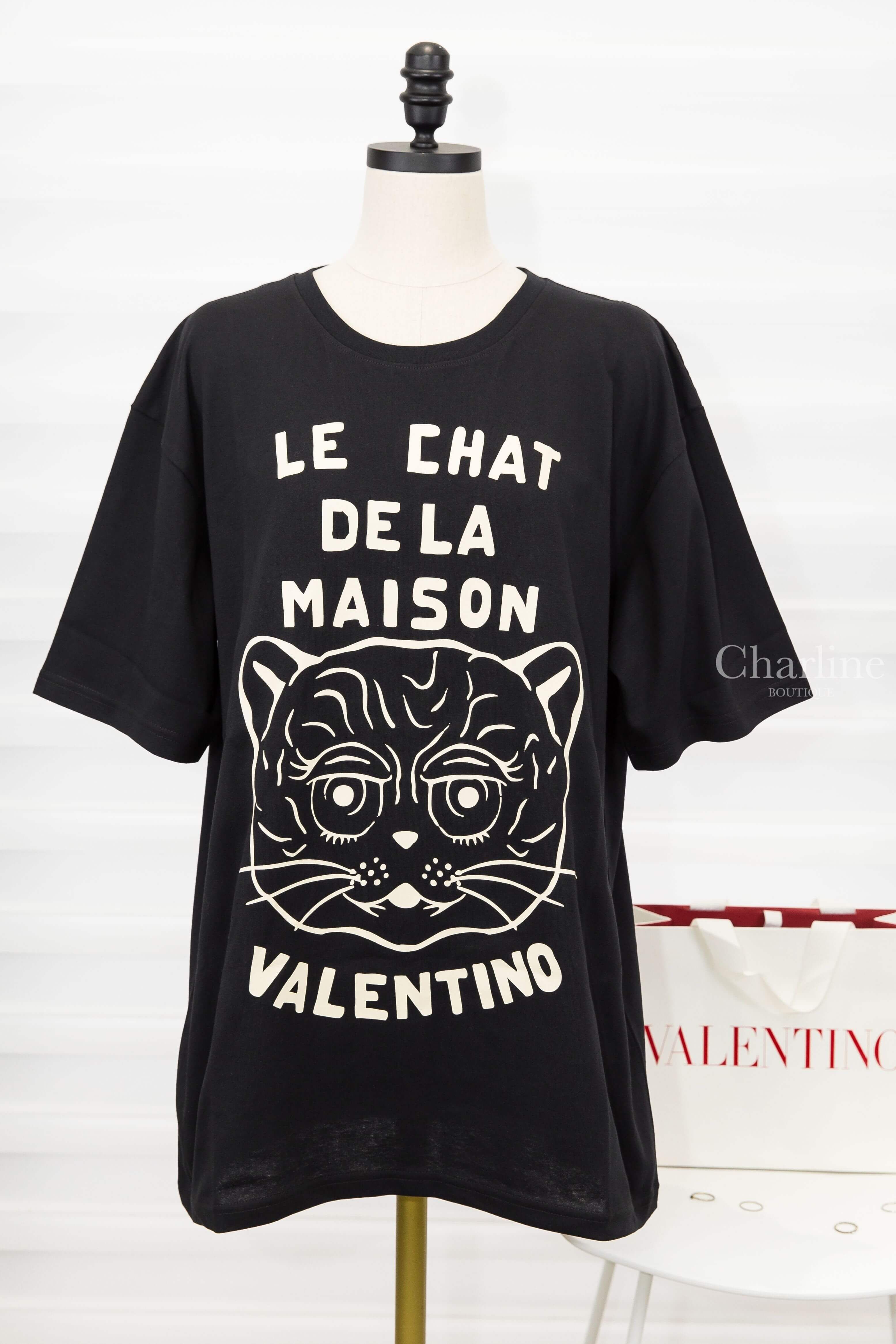 Valentino Cotton T-shirt With Chat De La Maison Print 黑色拼奶油白貓咪標語印花短袖棉T