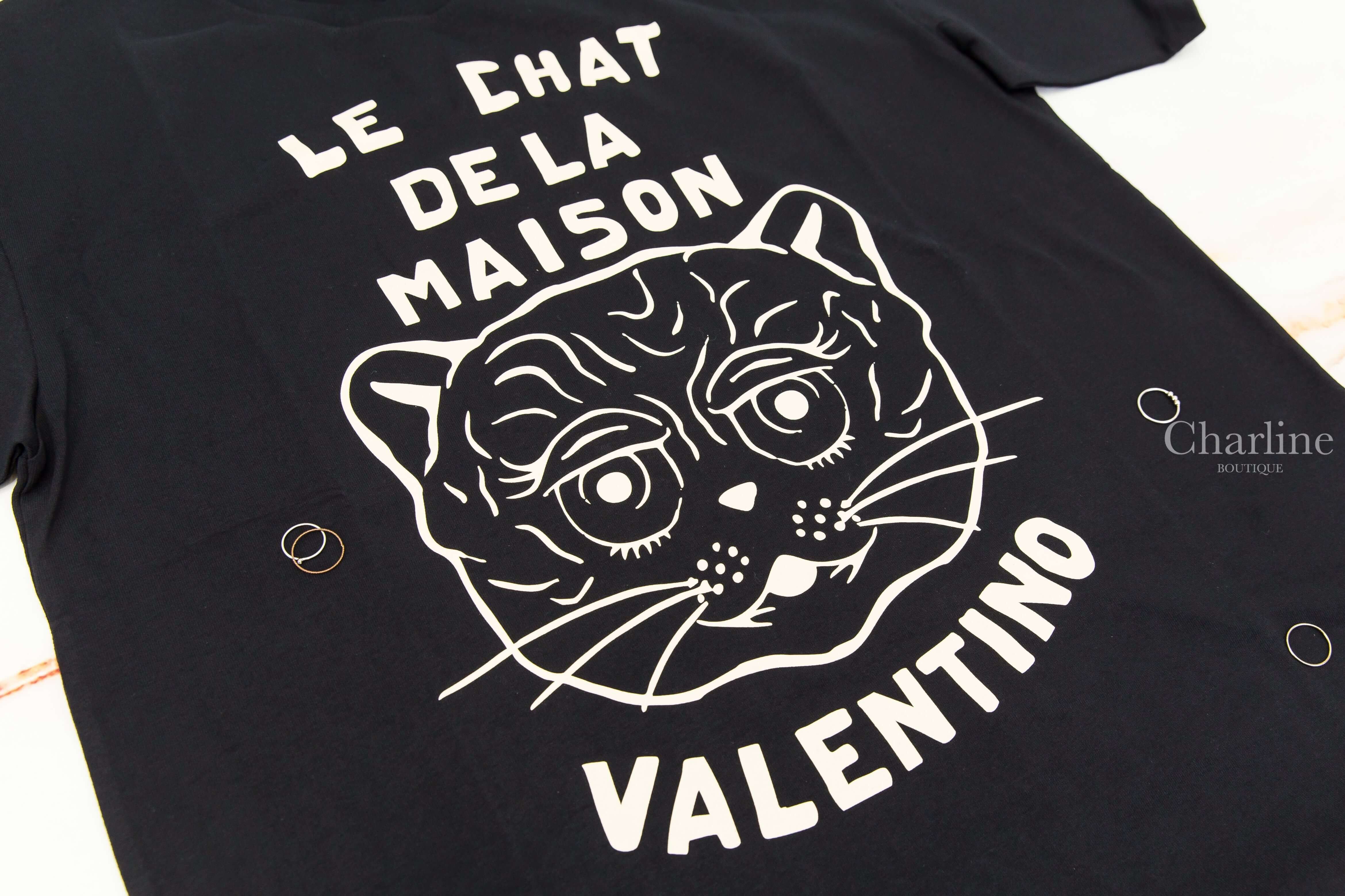 Valentino Cotton T-shirt With Chat De La Maison Print 黑色拼奶油白貓咪標語印花短袖棉T