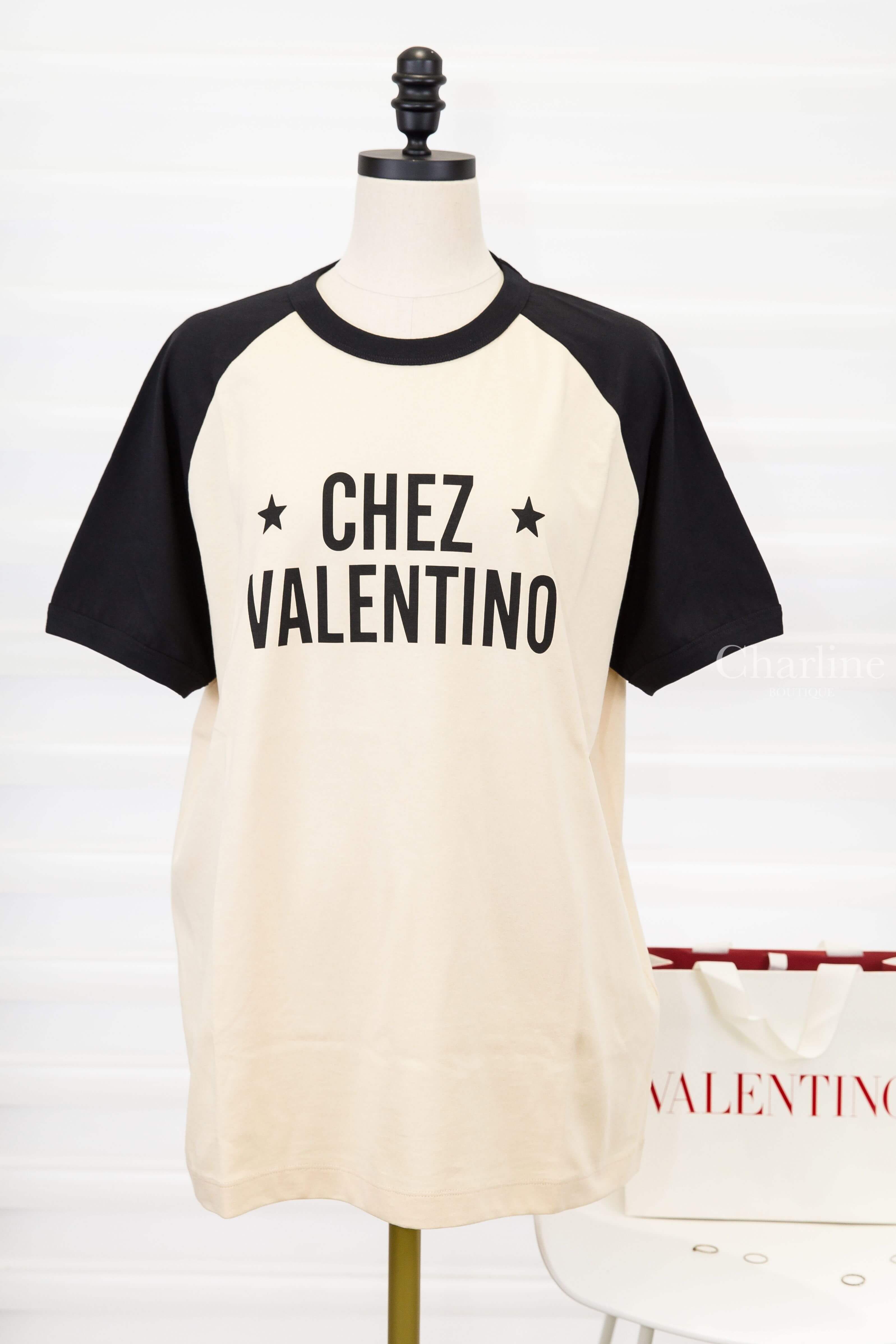 Valentino Cotton T-shirt With Chez Valentino Print 奶油白拼黑色星星標語印花短袖棉T
