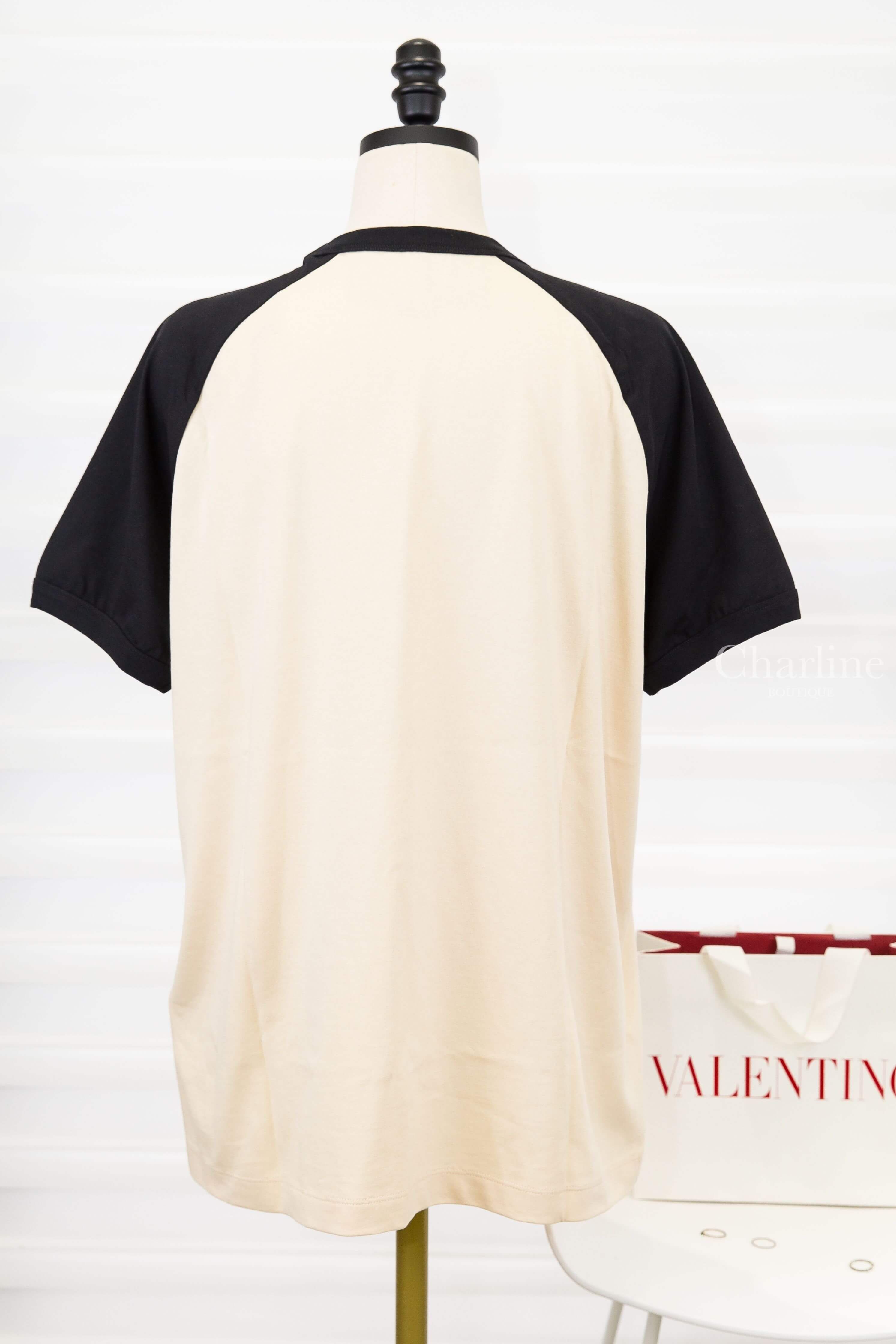 Valentino Cotton T-shirt With Chez Valentino Print 奶油白拼黑色星星標語印花短袖棉T-Charline Boutique 精品代購