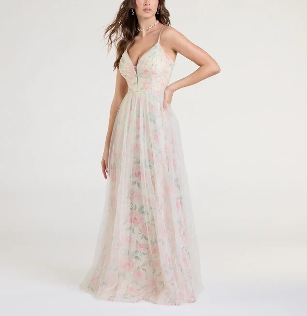 Ivory米白色 深v領印花透紗Dress