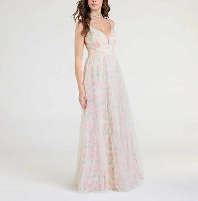 Ivory米白色 深v領印花透紗Dress