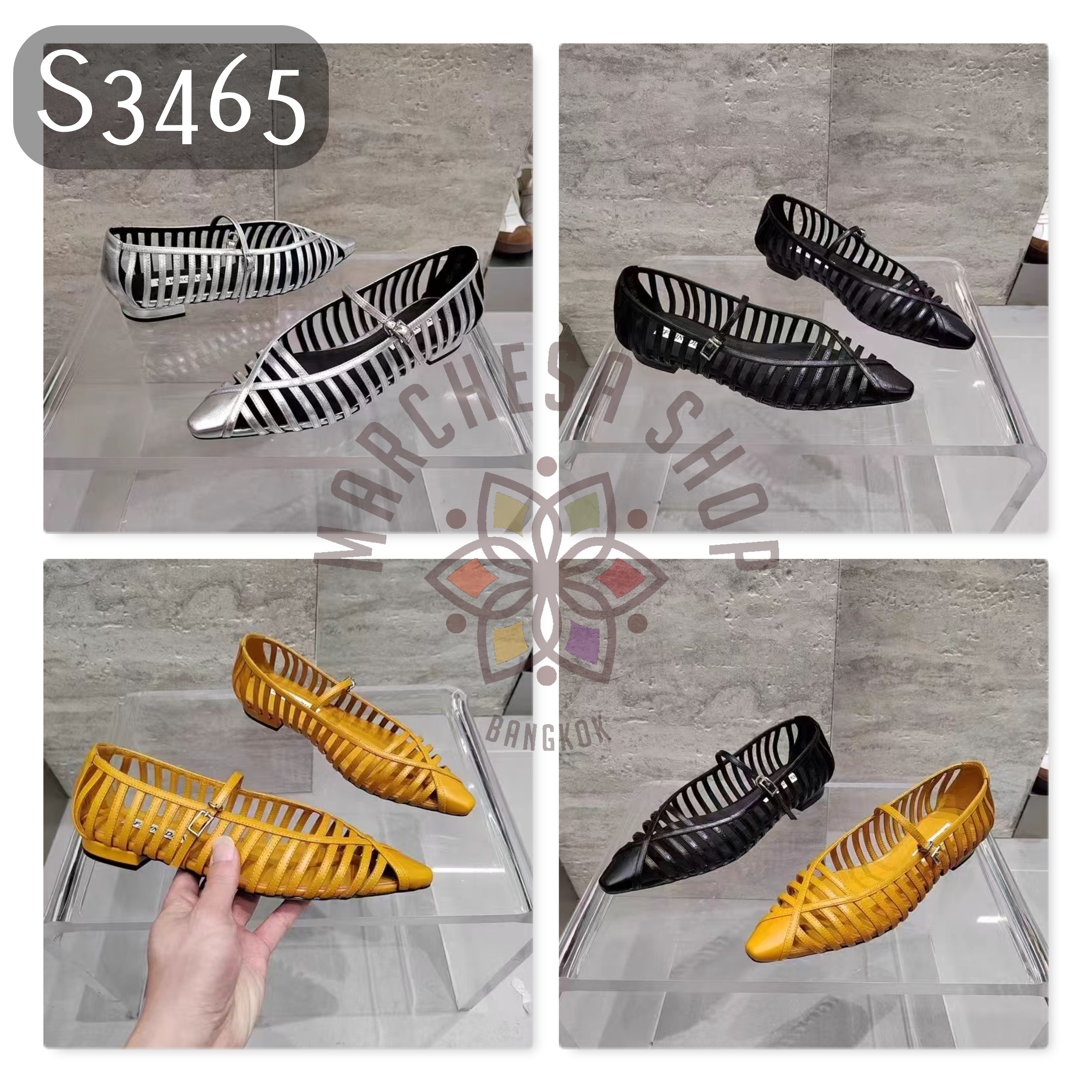 S3465 - 牛皮編織鏤空尖頭平底鞋