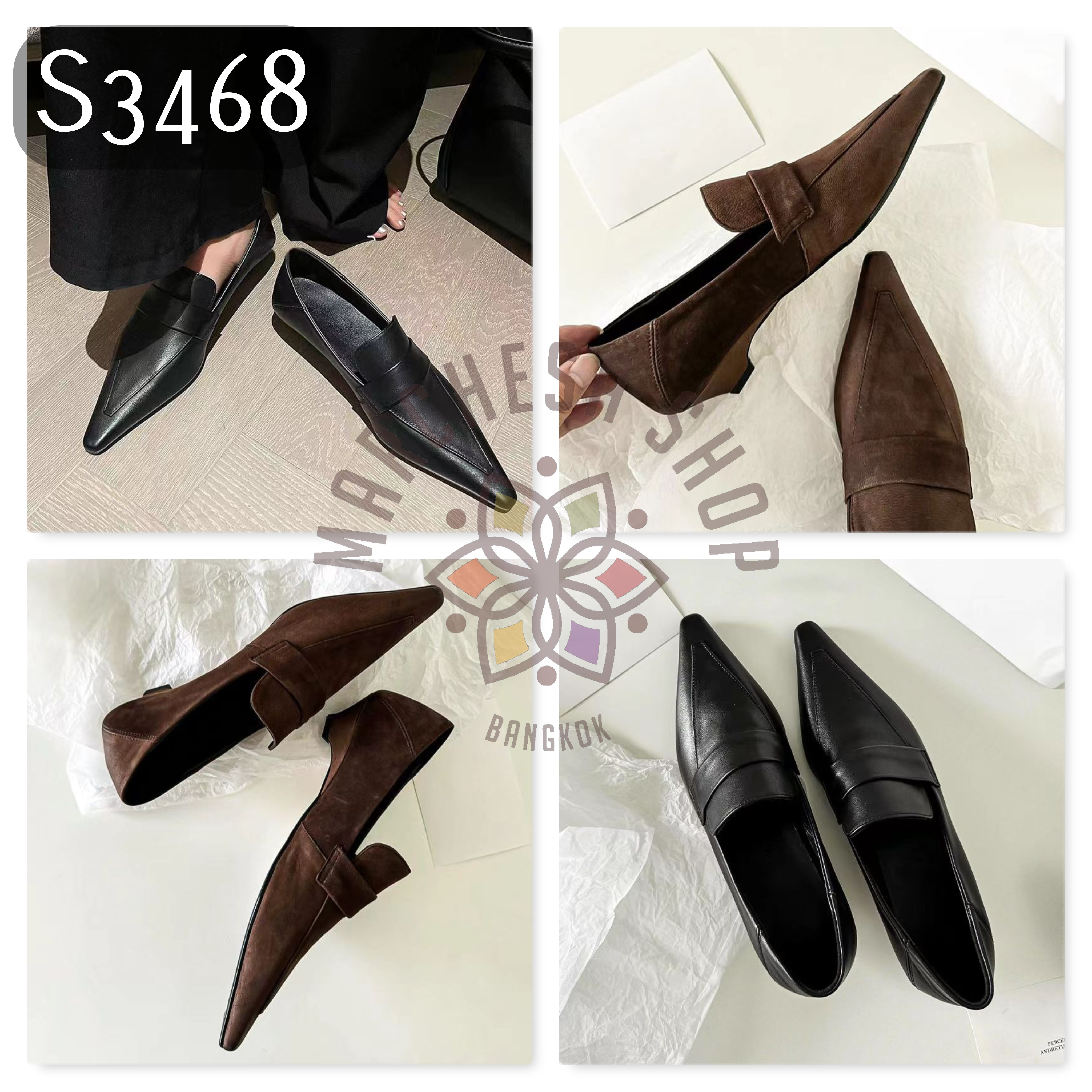 S3468 - 頭層小羊皮復古尖頭低踭樂福鞋