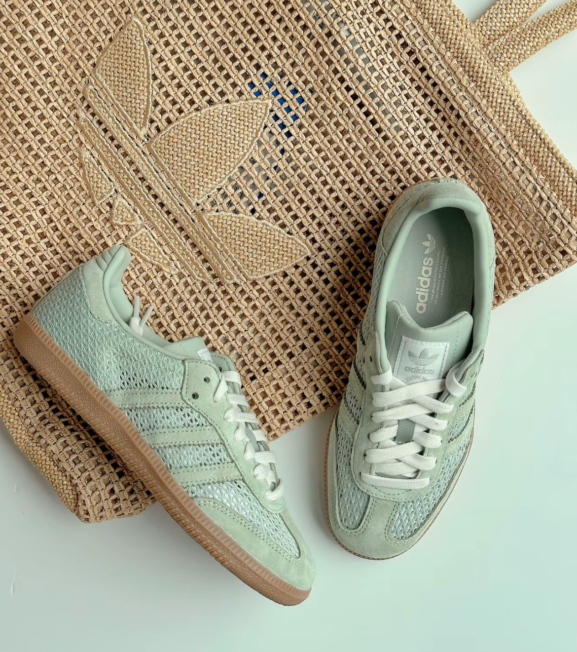 女鞋 ADIDAS SAMBA OG W 淺綠 編織 鏤空 復古 麂皮 焦糖底 德訓鞋 扁鞋 休閒鞋【KK3529】