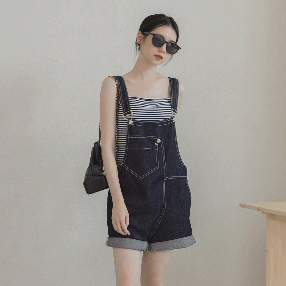 酷甜設計原色牛仔吊帶褲