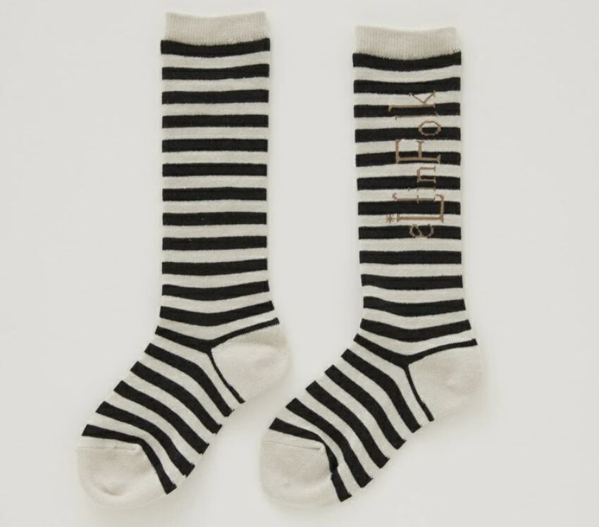 ELFINFOLK  LOGO條紋襪 Stripe × LOGO High socks-ivoryxblack