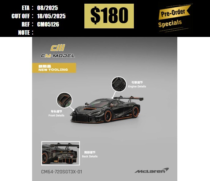PO-$180 * CM MODEL * 1:64 MCLAREN 720S GT3 GLOSS BLACK [OD12/05]