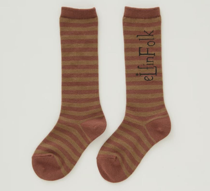ELFINFOLK  LOGO條紋襪 Stripe × LOGO High socks-beige x bric red