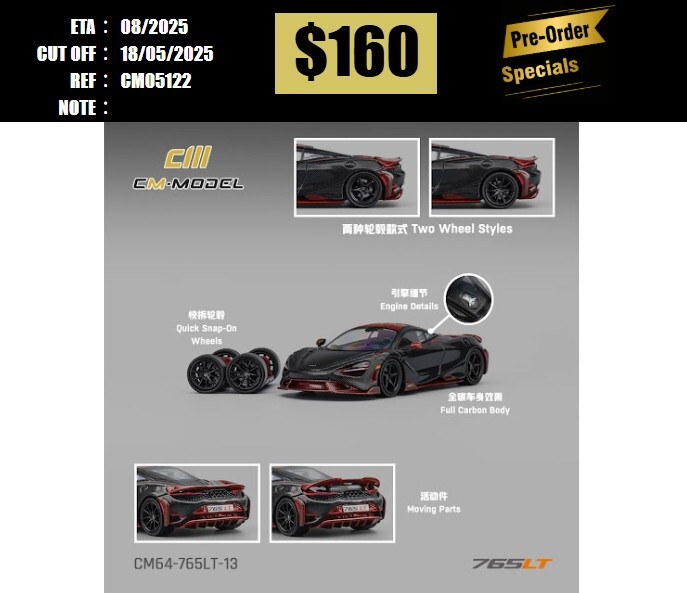 PO-$160 * CM MODEL * 1:64 MCLAREN 765LT FULL CARBON BLACK-RED [OD12/05]