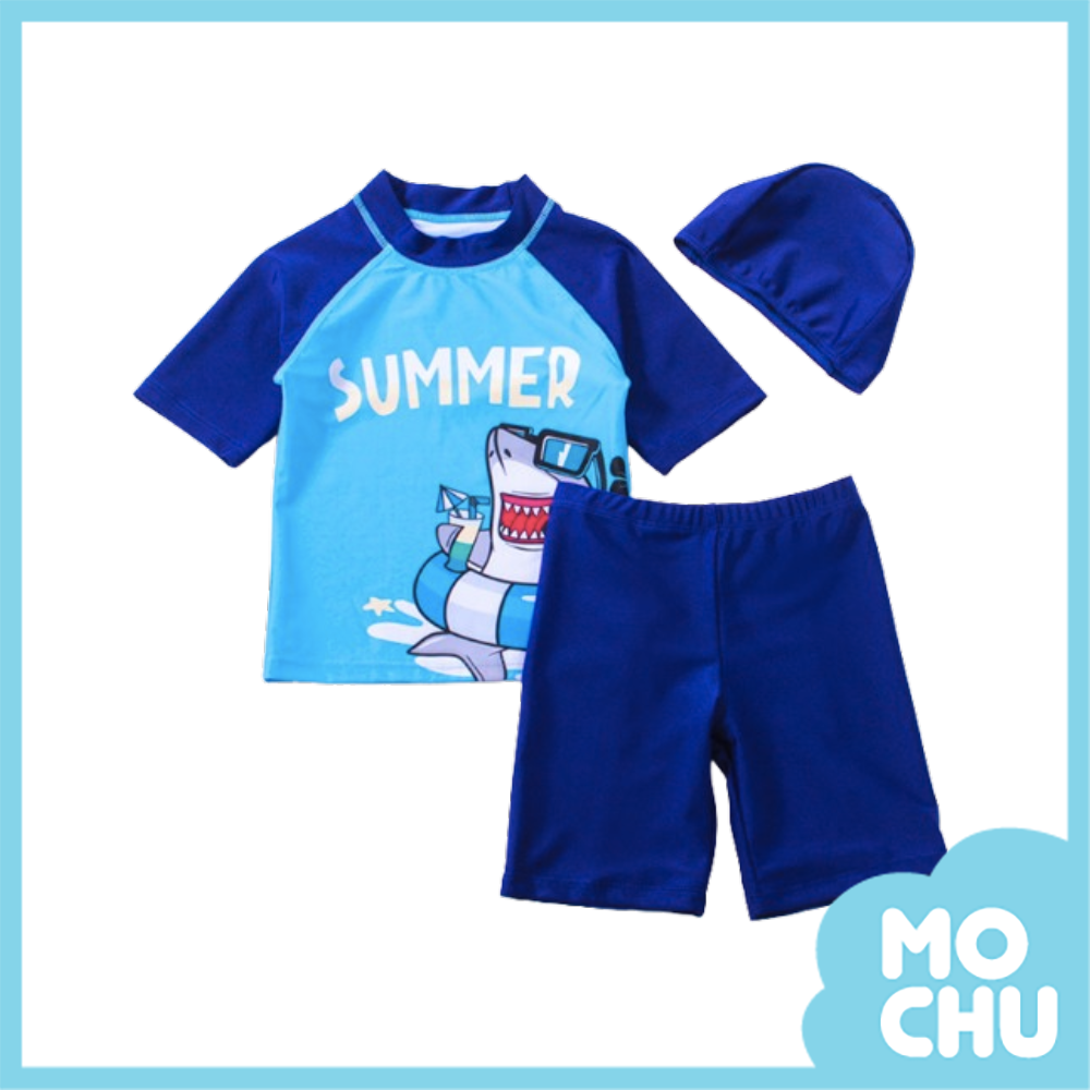 夏日度假鯊魚短袖兩件式泳裝