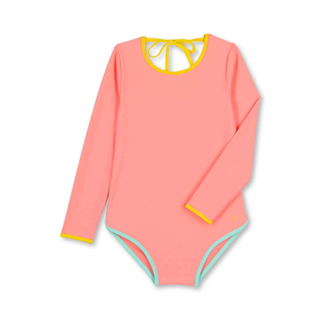 粉桃橘 Kim Peach - 長袖挖背 | 海廢再生 抗UV兒童防曬泳裝