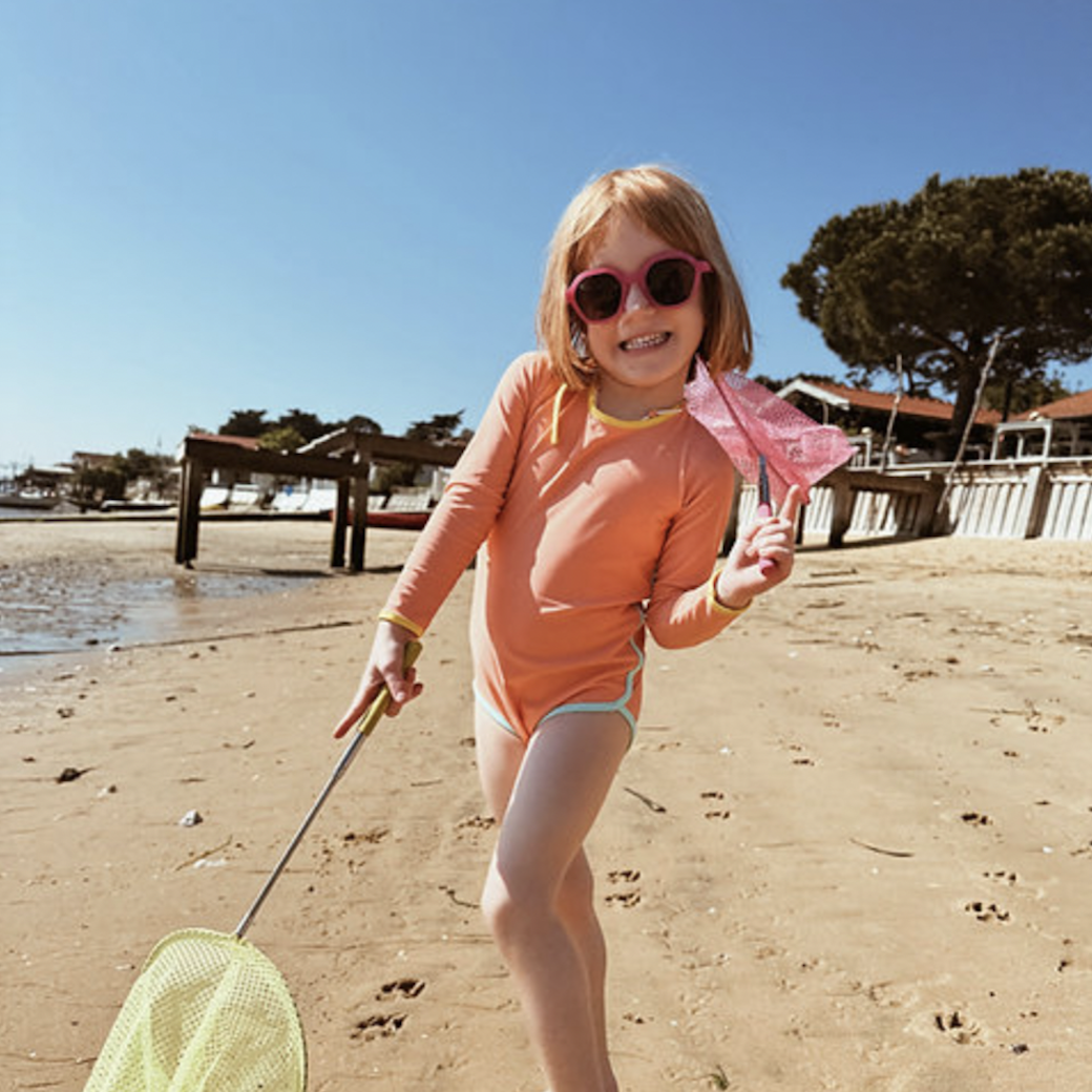 粉桃橘 Kim Peach - 長袖挖背 | 海廢再生 抗UV兒童防曬泳裝