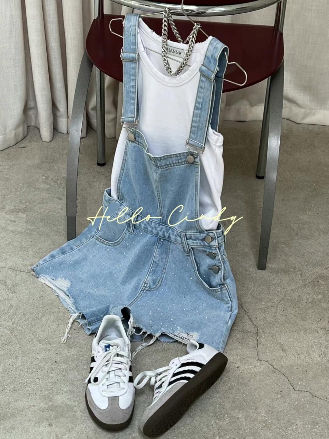 N05026 現貨-正韓設計師品牌水鑽抽鬚吊帶短褲