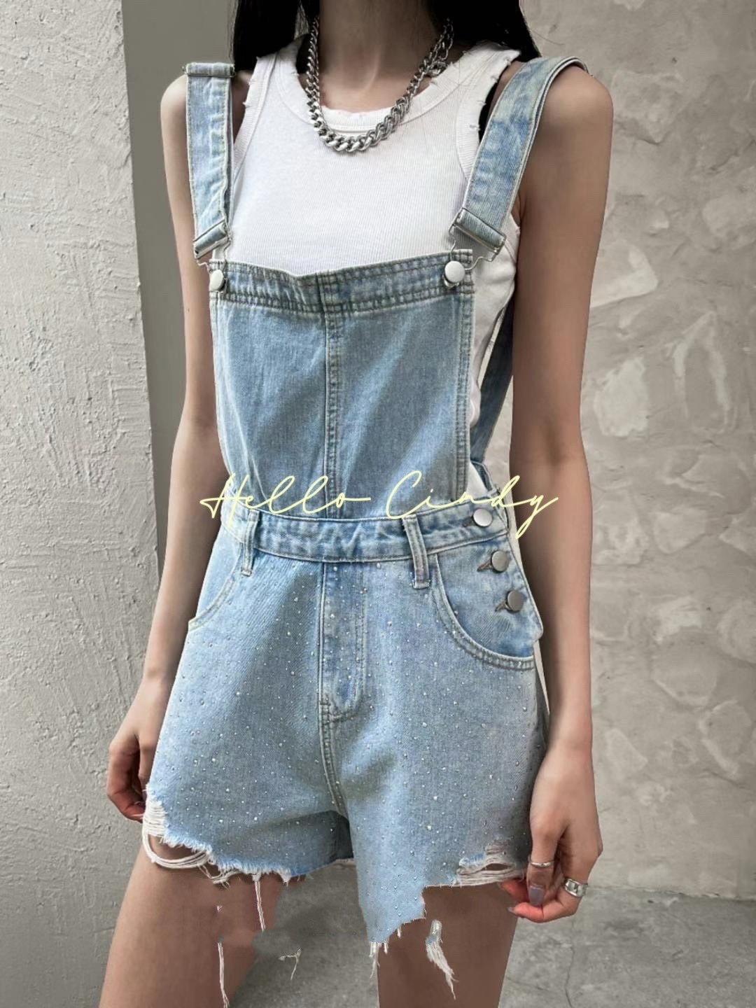 N05026 現貨-正韓設計師品牌水鑽抽鬚吊帶短褲