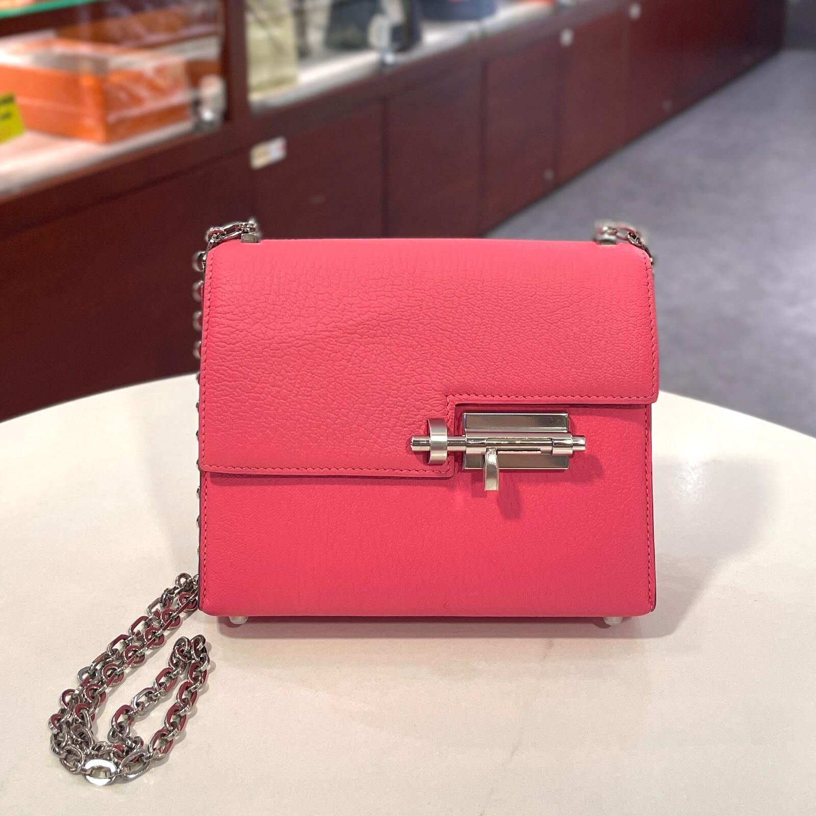 98%NEW二手Hermes手槍包 C刻 唇膏粉色Mysore山羊皮/銀扣 MINI VERROU U5/ROSE LIPSTICK PHW #香榭站正品
