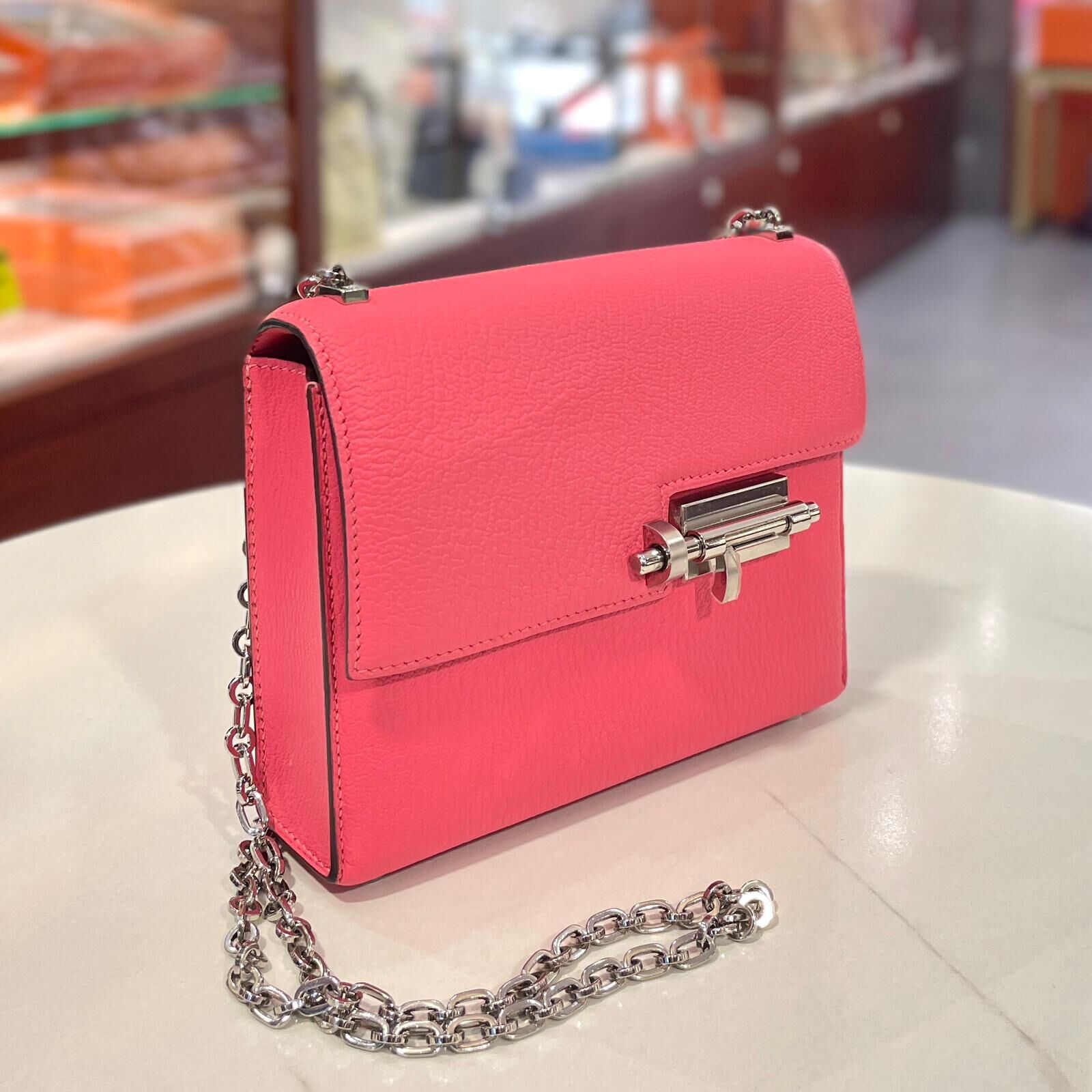 98%NEW二手Hermes手槍包 C刻 唇膏粉色Mysore山羊皮/銀扣 MINI VERROU U5/ROSE LIPSTICK PHW #香榭站正品