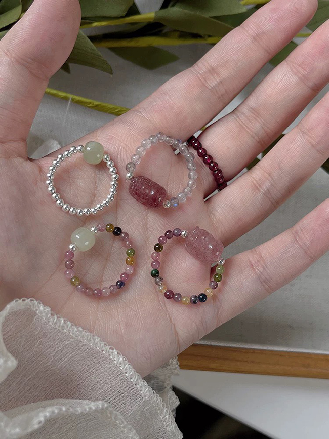 草莓晶豼貅+碧璽彈性戒指-現貨實拍