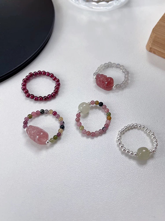 草莓晶豼貅+碧璽彈性戒指-現貨實拍